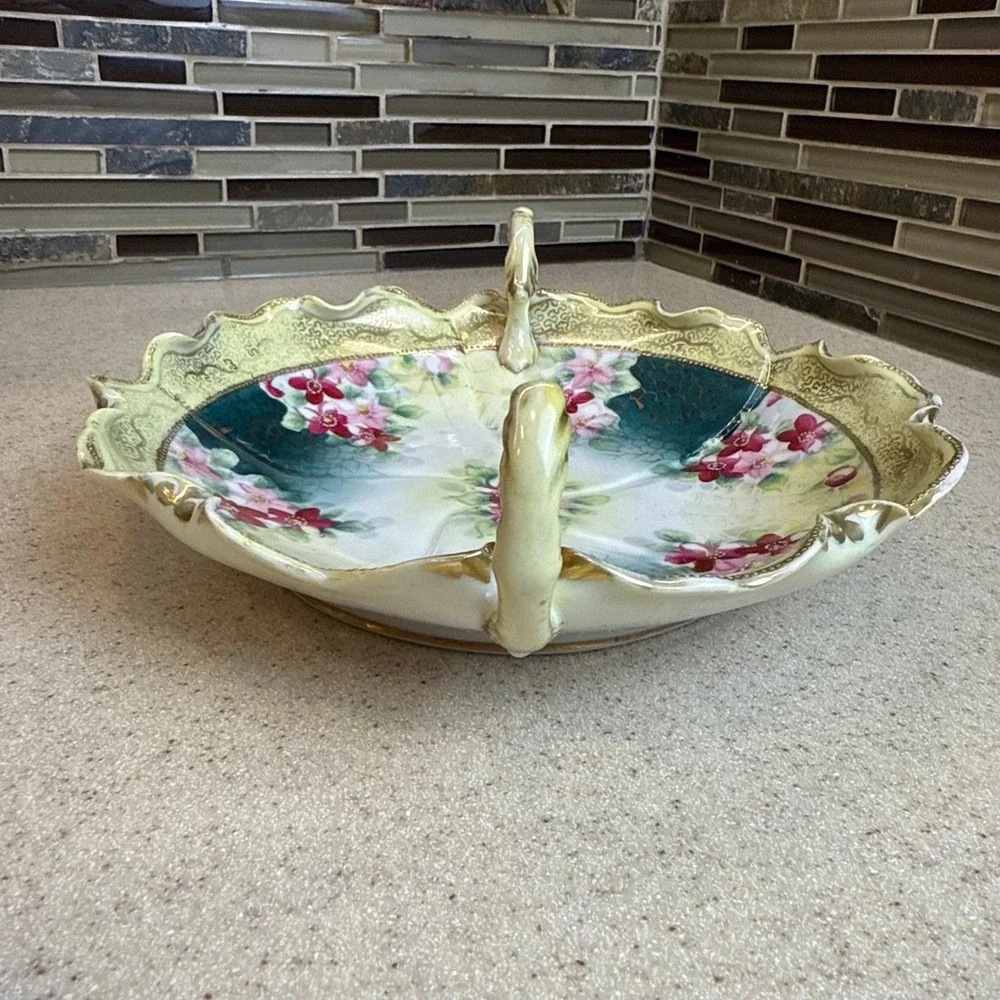 Antique Wheelock Tokio Japan Hand Painted Floral Spiderweb Porcelain Bowl Gold
